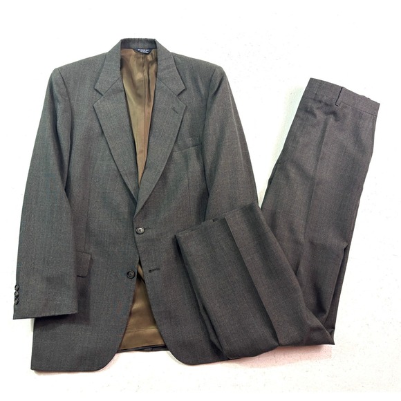 vtg 90s Kuppenheimer 40L 32x32 Gray Plaid 2pc Pant Suit USA Wool Flat Front